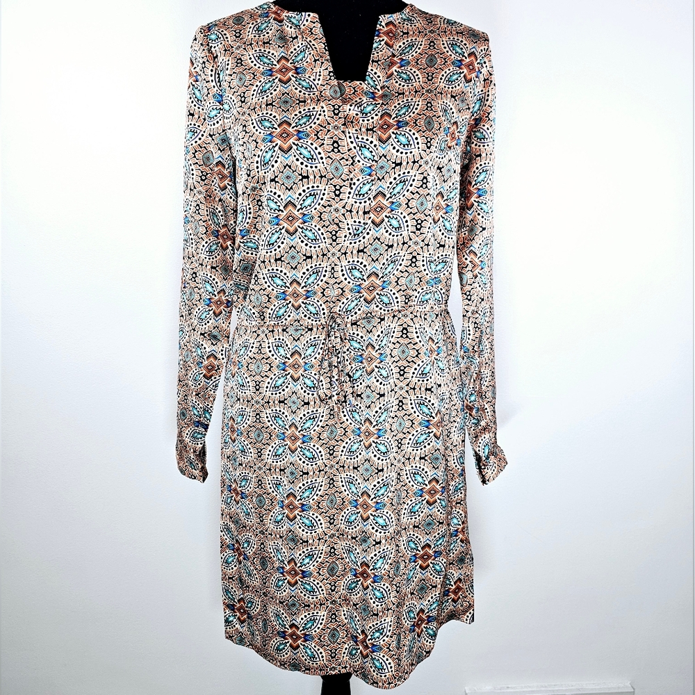 New The Limited Patterned Long Sleeve Notched Tapestry Cinched Dress